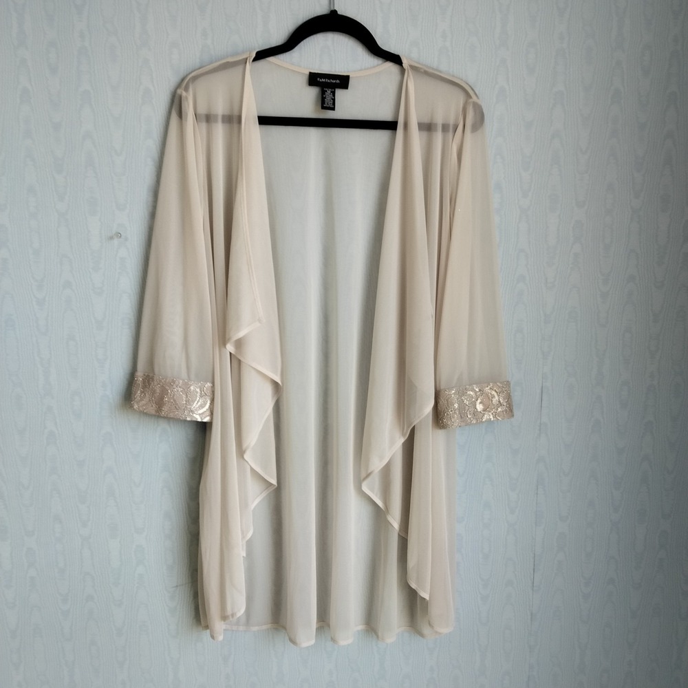 Vtg RM Richards Cardigan Womens 12 Waterfall Open Sheer Brocade Cuffs‎ Beige